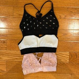 2 pink sports bras 1 lace pink bra
